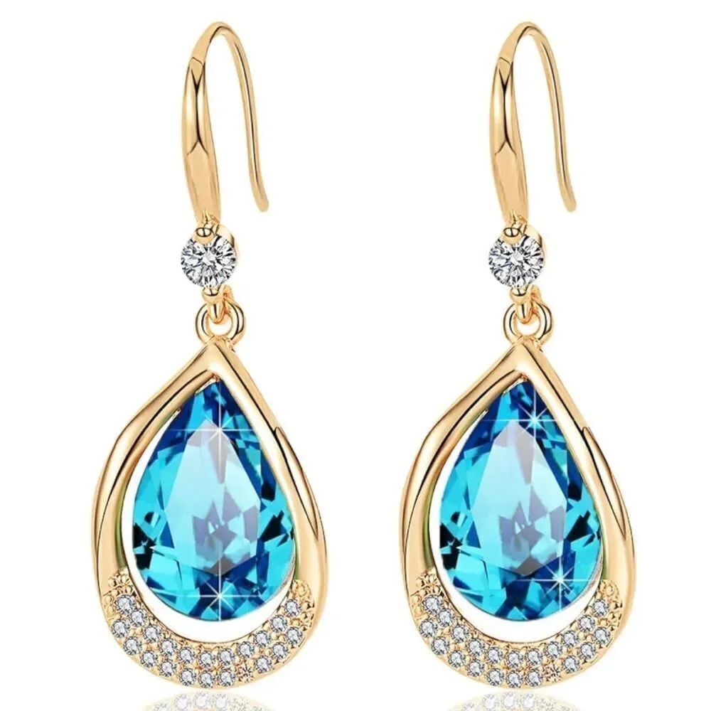 14K Yellow Gold and Bermuda Blue Austrian Crystal Teardrop Halo Hook Earrings